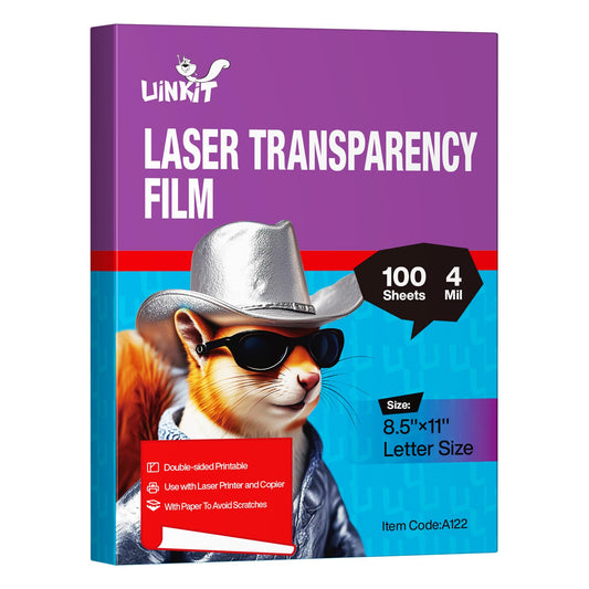 Uinkit 100 Sheets Laser Transparency Film 8.5x11 Color Transparent Paper OHP Clear Overhead Projector Film 8.5x11 for Laser Jet Printer Copier Copy Copies Photo A4 Letter Size 100 Pack A122