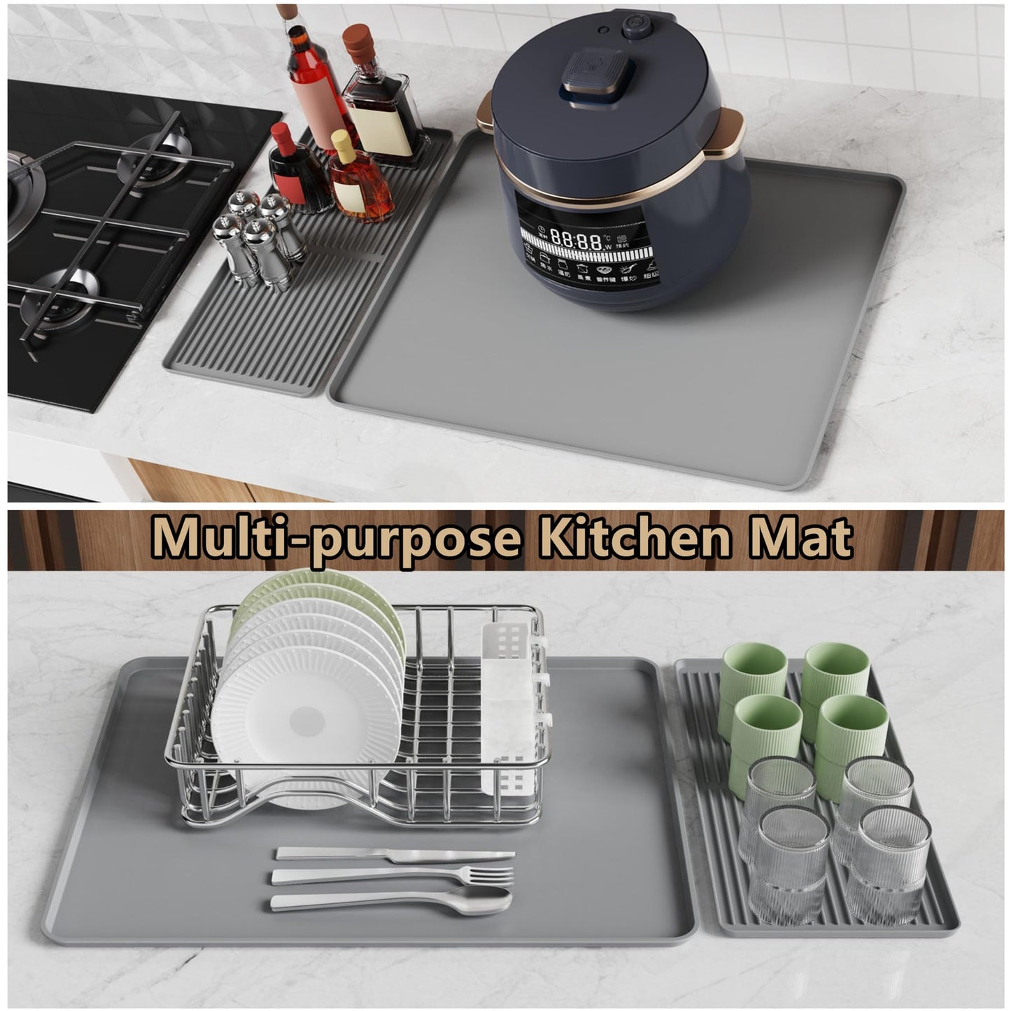 Coffee Maker Mat, Silicone Coffee Mat, 24"x16" Coffee Bar Mat with Detachable Dish Drying Mat, Spill-Proof, Heat-Resistant, Non-Slip, fits Under Coffee Maker & Dish Rack (Black, 24"x16")