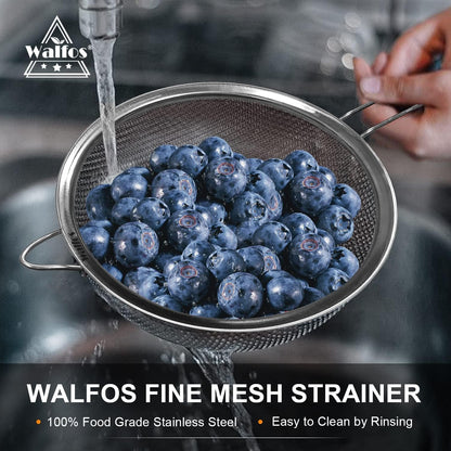 Walfos Fine Mesh Strainer Set of 4-9.5", 7", 4.7", 2.8", Multipurpose Stainless Steel Mesh Sieve with Handle, Kitchen Fine Strainers Sifters for Food, Rice, Quinoa, Fruits, Vegetables, Tea