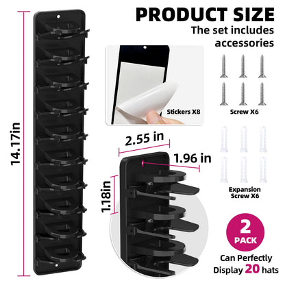 Spring-Loaded Hat Organizer for Baseball Caps (2 Pack) – Holds 20 Caps, Quick Insert & Smooth Release with Secure Hold, Wall Mount for Closet or Door with Adhesive & Screws – Black