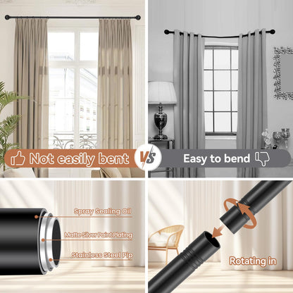 Poskena Curtain Rods for Windows 66 to 120” - 5.5 to 10 Feet - Black - Stainless Steel - Smooth Finish