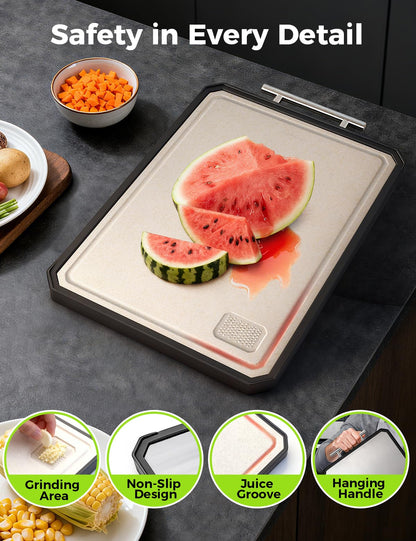 Titanium Cutting Board, Dual Sided Non-Toxic Cutting Boards, Food-Grade Metal and Plastic Chopping Board with Juice Groove for Kitchen Meat/Vegetables, Pure Titanium & Wheat Straw PP 16.3x11 in