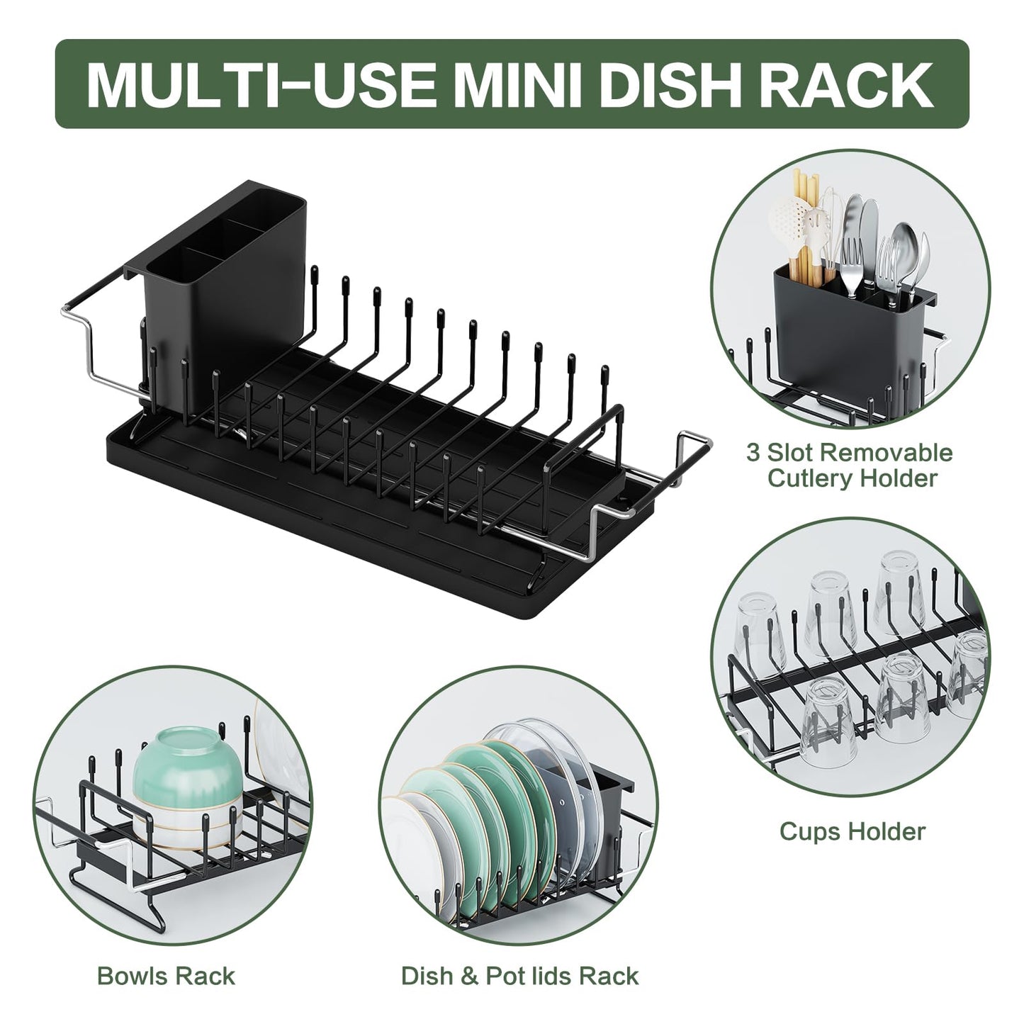 Dish Drying Rack - Aufworld Expandable Small Sink Dish Rack with Silicone Drying Tray, Over Sink Dish Drainer for Kitchen Counter with Utensil Holder, Drain Rack Fit for 14’’-19’’ Kitchen Sink