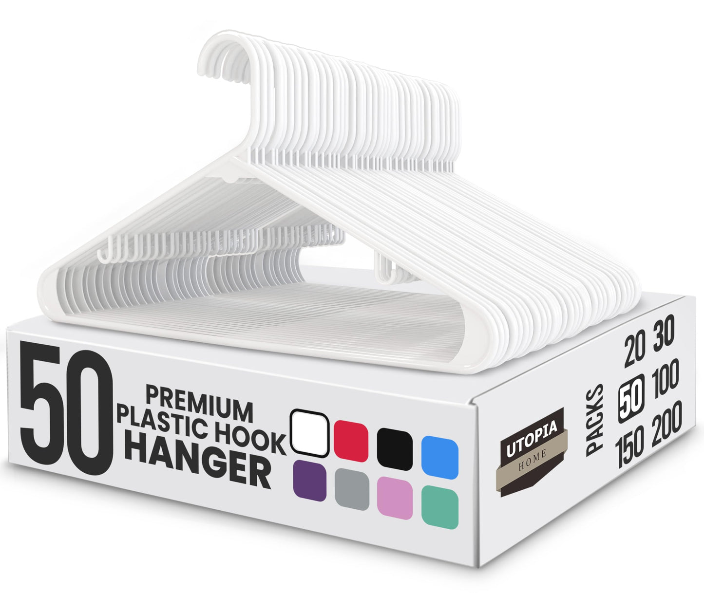 Utopia Home White Plastic Hangers 50 Pack - Clothes Hanger with Hooks - Heavy Duty Durable & Space Saving Coat Hanger for Shirts, Pants, and Skirts