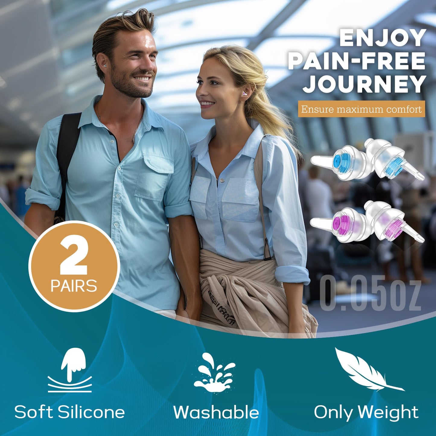 Ear Plugs for Airplane Pressure with Silicone Cord, Ear Pain Relief & Noise Reducing 25 dB, 100x Reusable Soft Flying Earplugs for Adults Kids 12+, Air Travel Essentials, Bouchon Oreille Avion Pression
