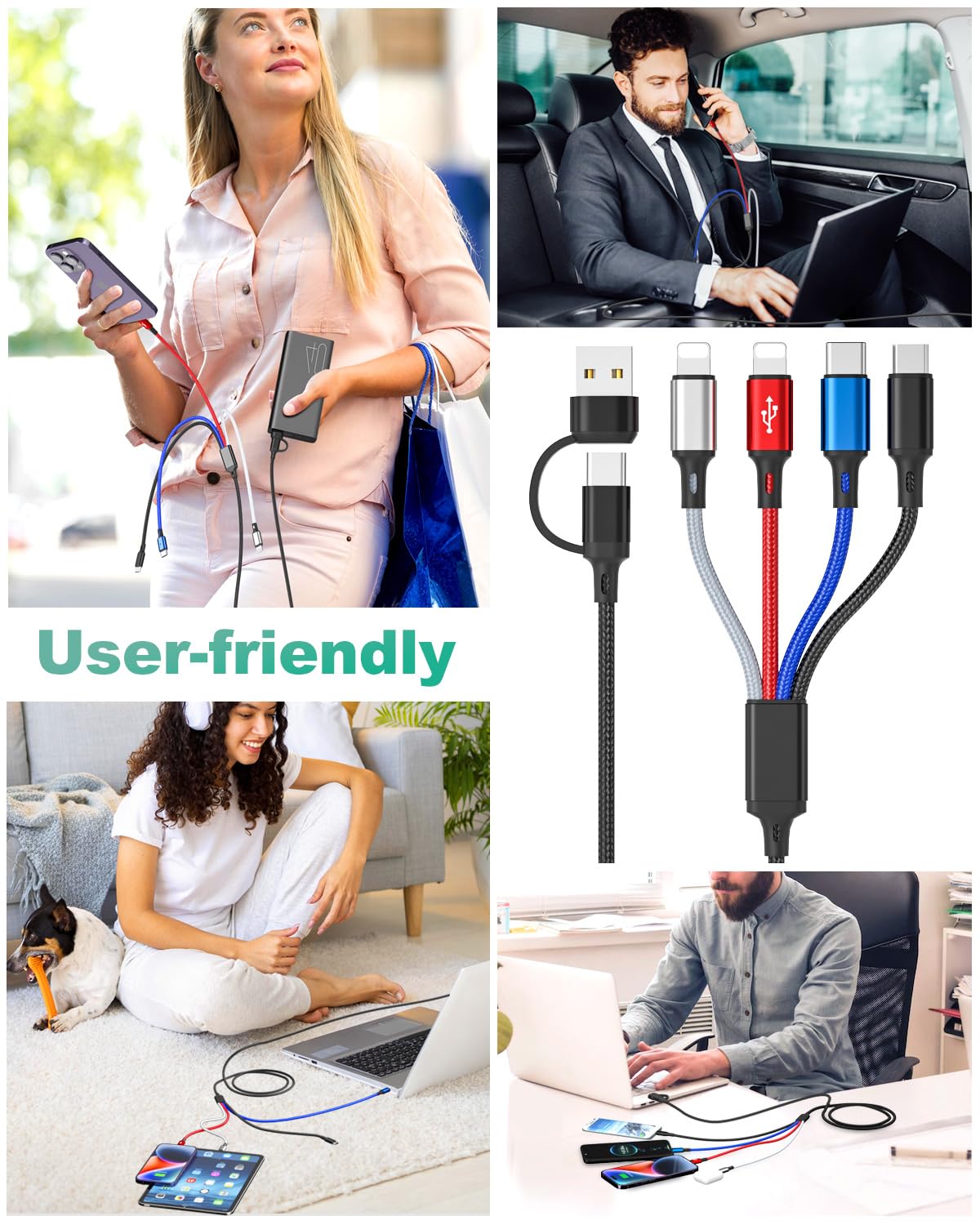 4 in 2 Multi Charging Cable, 3Pack 6FT Multi USB Cables, Chargers for Multiple Devices Nylon Braided USB A/C to 2*Lighting/Typc C/Micro USB Port Universal Charging Cable Multiple Ends for Phone