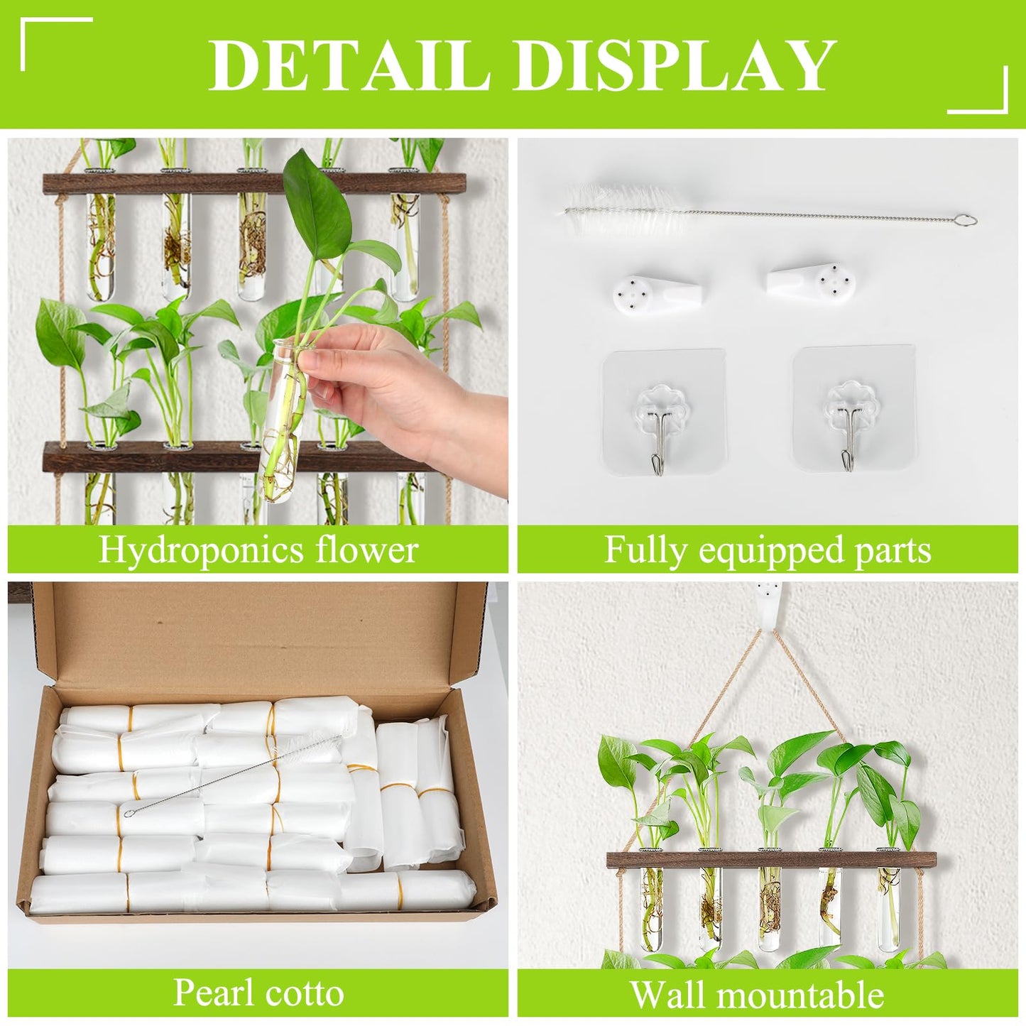 3 Tier Hanging Propagation Station, Wall Hanging Planter Terrarium with Wooden Stand&16 Glass Test Tubes, for Hydroponic Cuttings, Home Office Decor (3Tier&16Tubes)