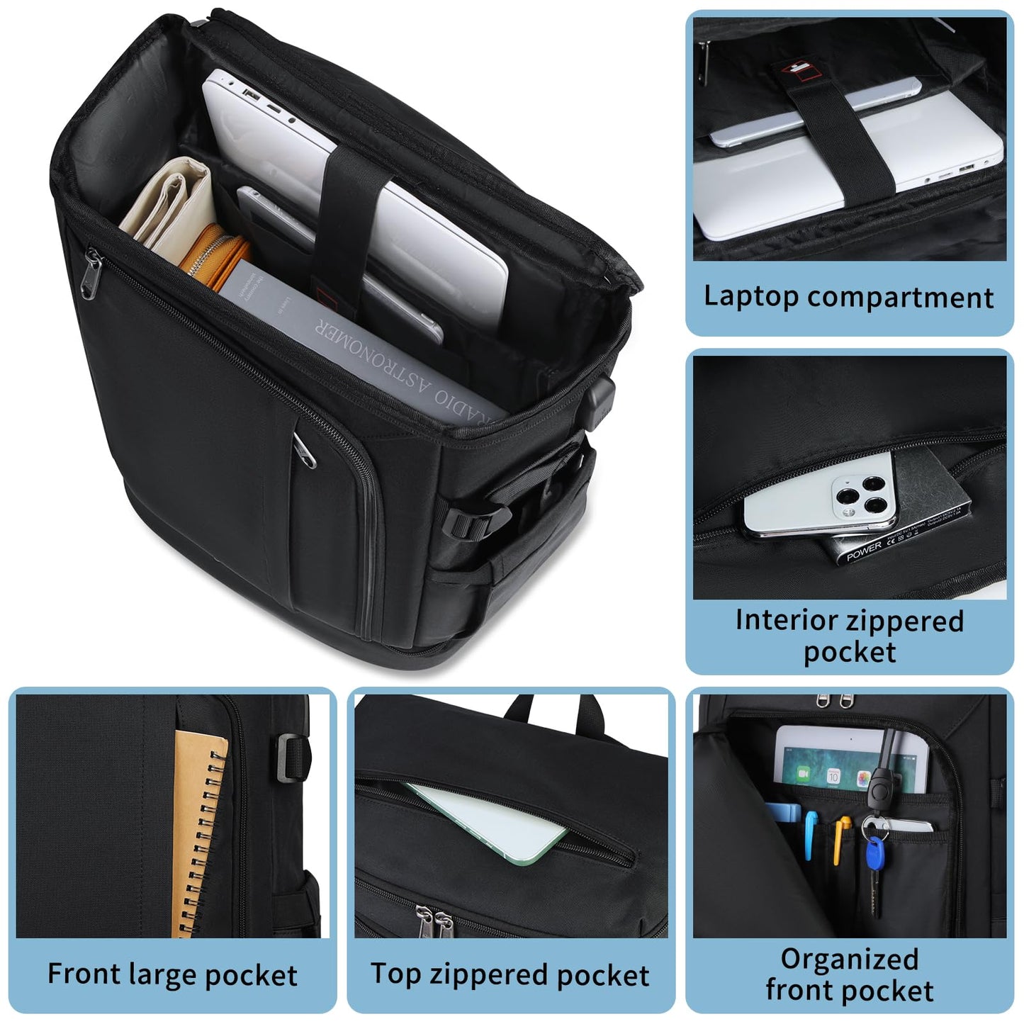 Travel Backpack 15.6 Inch Laptop Backpack for Men and Women Anti Theft Carry On Backpack Flight Approved Computer Backpack with USB Charging Port Large Waterproof Backpacks for Work School, Black