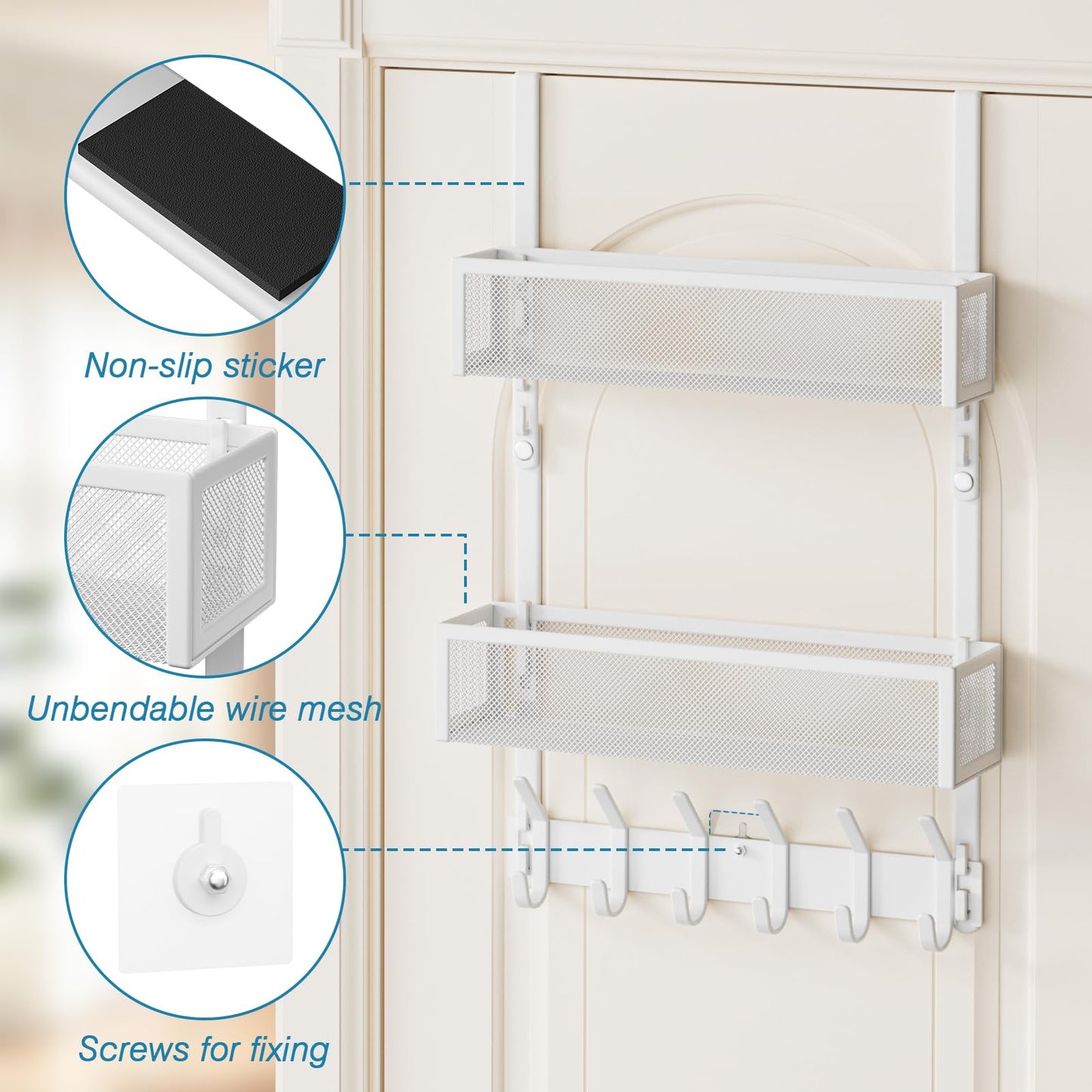 Aimeaihe Over The Door Hooks Organizer, 12 Coat Hooks & 2 Mesh Baskets, Over Door Organizer for Bathroom, Bedroom, Kitchen, Door Storage Hanging Bags, Hats, Purses, Coats White