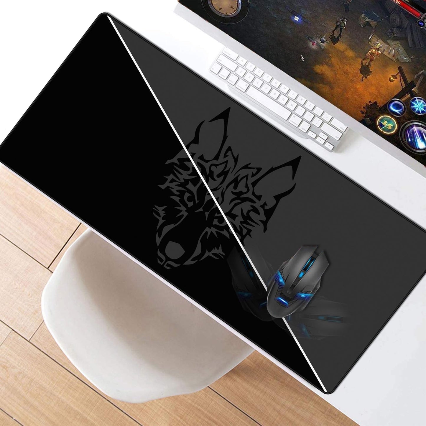 Anpollo Large Gmaing Mouse Pad with Stitched Edges, Superior Micro-Weave Cloth, Non-Slip Base, Size 35.4 X 15.7X 0.12inches - Black Gray Wolf Head