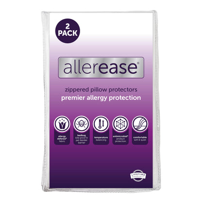 Set of 2 Standard/Queen AllerEase Pillow Protectors - Temperature Balancing, Allergist Recommended - Premium Breathable, Zippered Protectors