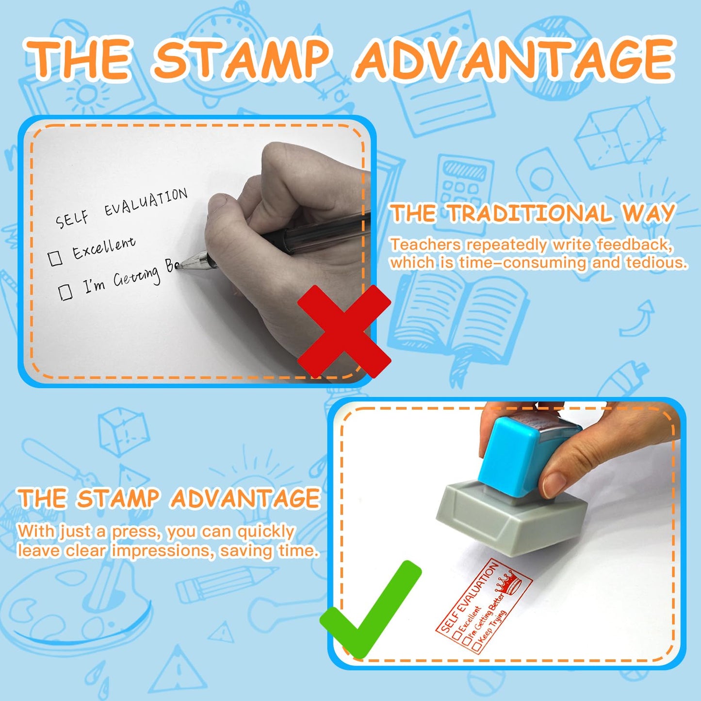 3 Teacher Stamps Self Inking, Pre-Inked Teacher Stamp for Grading, Educator Completed with Support Teacher Stamps Set, for Teacher Gifts Supplies School Essentials Office Stationery Must Haves Stamps