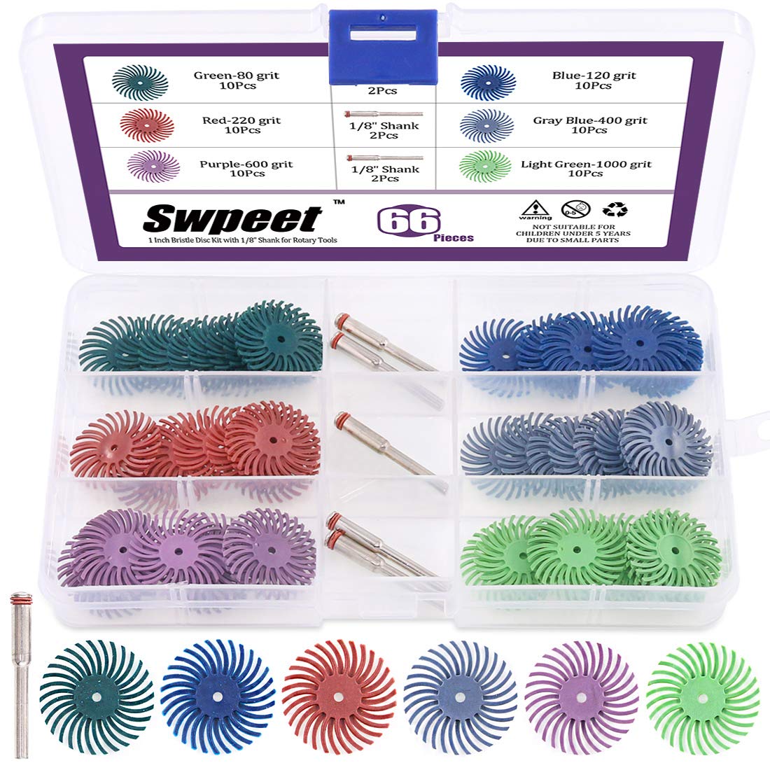 Swpeet 66Pcs 1 Inch 6 Mixed Grit 80/120/220/400/600/1000 Radial Bristle Disc Abrasive Brush Gap Polishing Pad Buffing Wheel Assortment Kit with 1/8" Shank for Rotary Tools Cleaning Finishing Deburring