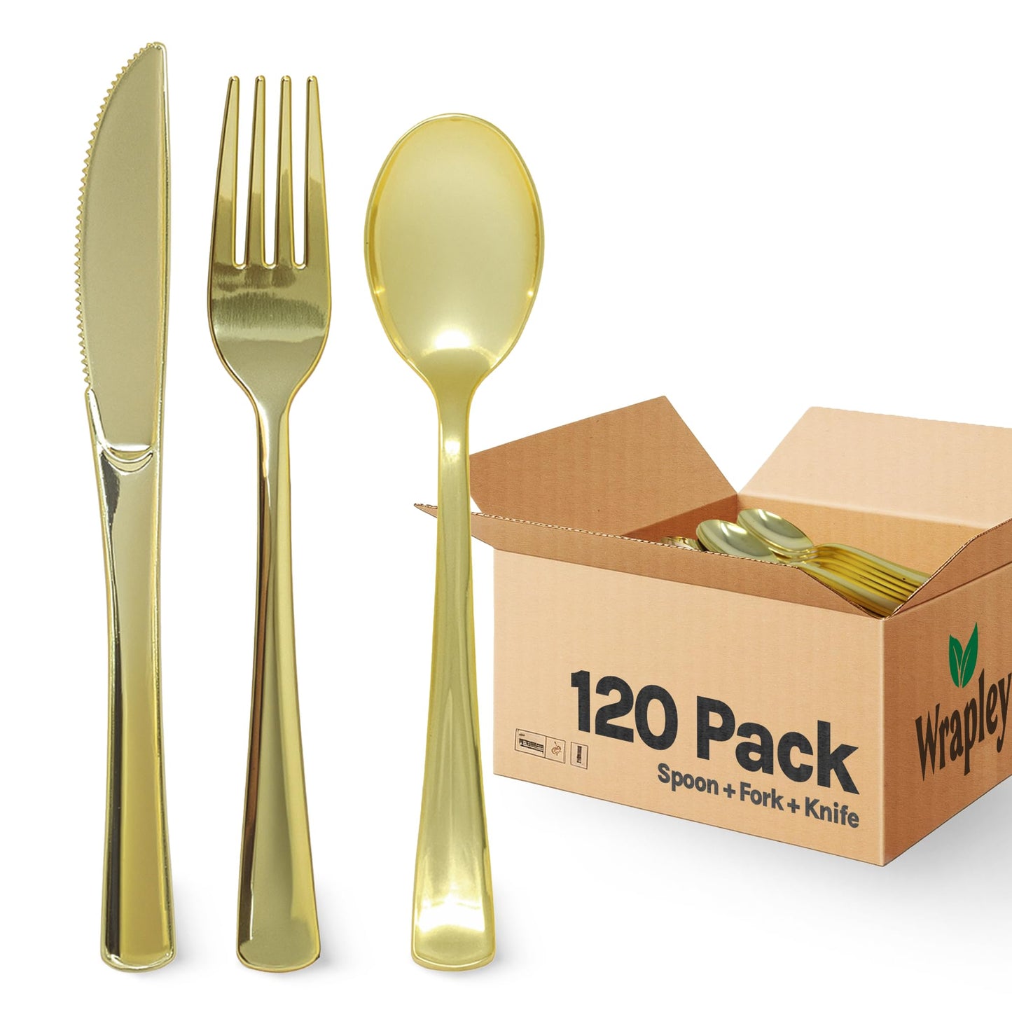 Disposable Gold Plastic Silverware Set – 120-Piece Disposable Plastic Cutlery Set with 40 Forks, 40 Spoons, and 40 Knives – Golden Cutlery Set for Parties, Weddings, and Events – 120 Units, 40 Each