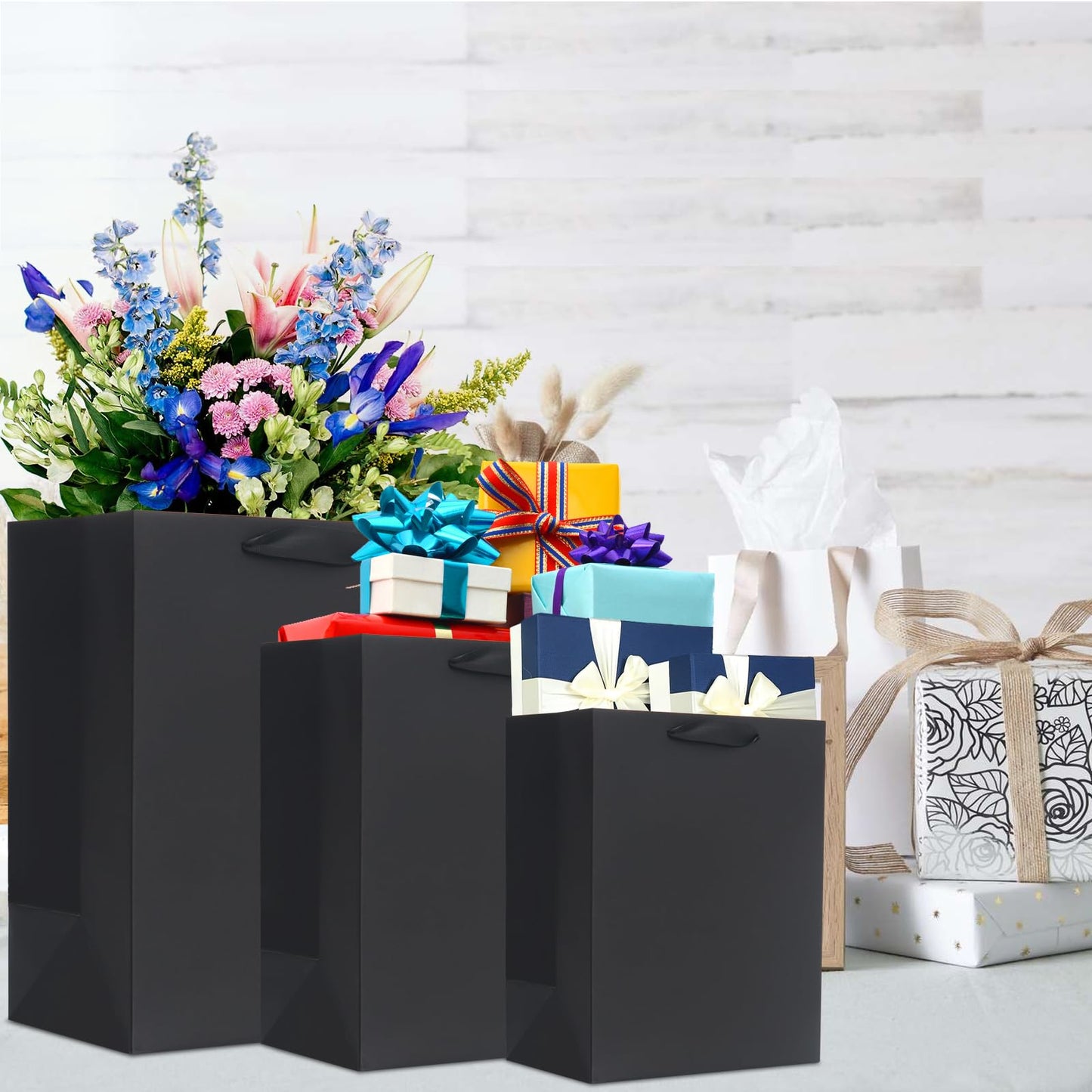 QIELSER 12 Pack Black Gift Bags with Ribbon Handles, Kraft Paper Gift Bags with Tissue Paper 3 Different Sizes in 21.5cm, 25.5cm and 33cm for Party Favor, Wedding, Retail, Business, Graduations