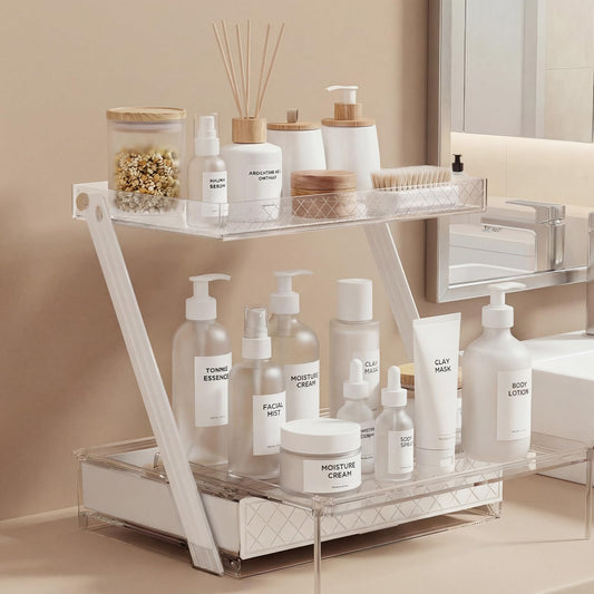2-Tier Bathroom Countertop Organizer – Acrylic Makeup, Perfume & Skincare Organizer with Sliding Tray & Drawer – Z-Shaped Vanity Organizer for Bathroom, Dresser or Desk
