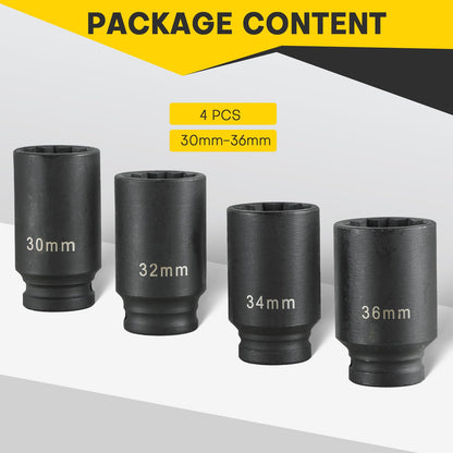 Acymner 1/2" Drive Deep Spindle Axle Nut Impact Socket | 4 PCS Metric Axle Nut Socket Set, CR-MO, 12 Point Design, 30,32,34,36mm, 1/2 Inch Heavy Duty Deep Impact Socket Set