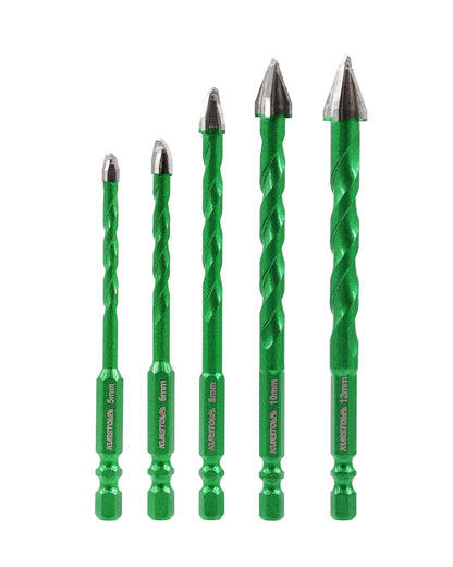 KURSTOL Masonry Drill Bit Set, 5pcs 3/16”-1/2” Carbide Eccentric Drill Bit Quick Change Shank for Ceramic Tile Wood Plastic Masonry Concrete Glass