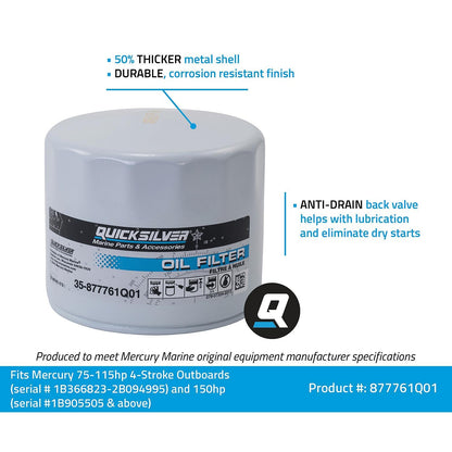 Quicksilver 877761Q01 Oil Filter for Select Mercury and Mariner 75-115hp Outboards and 150hp EFI 4-Stroke Outboards