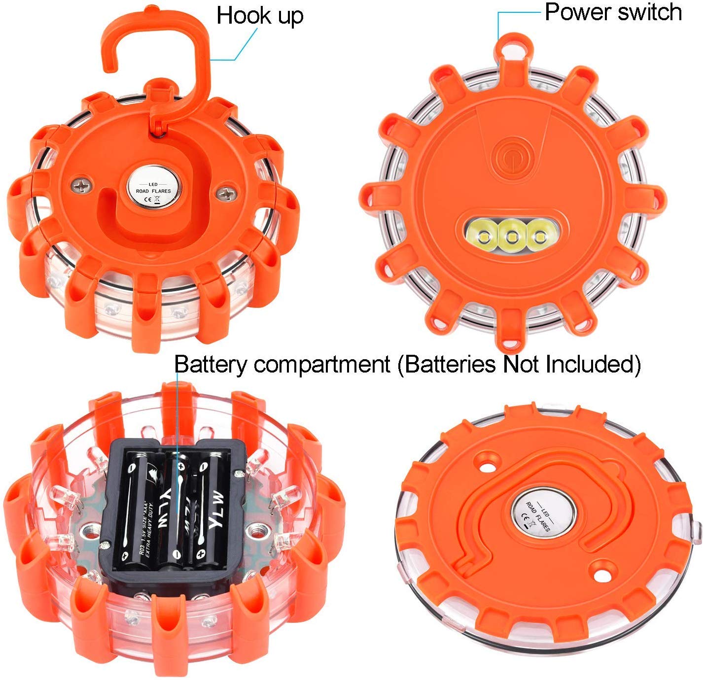 Tobfit LED Road Flares Portable Emergency Lighting Flare Kit with Magnetic Base & Hook for Car and Boat (Set of 4) (4)