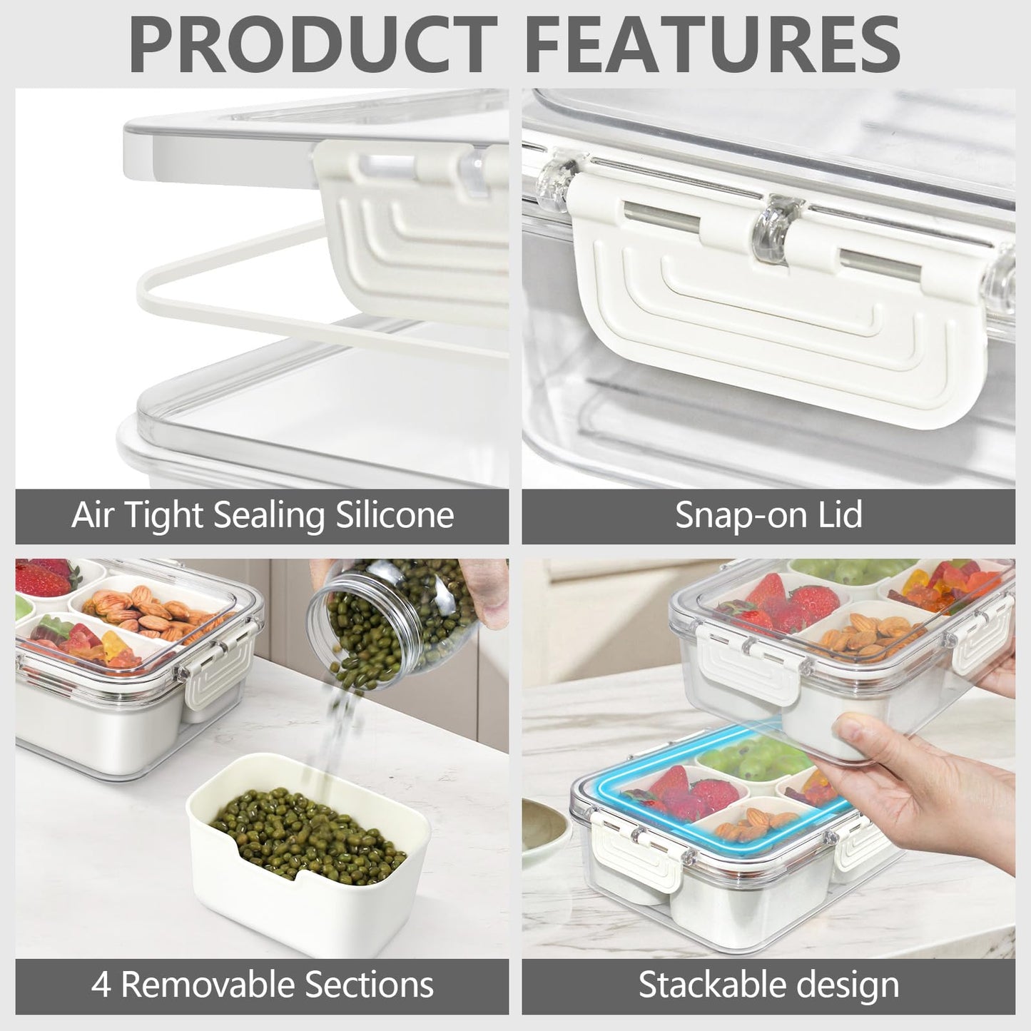 Small Snackle Box Container, Divided Serving Tray with Lid, 4 Compartment Snack Box Container for Candy, Fruits, Charcuterie, Travel & Parties, BPA-Free