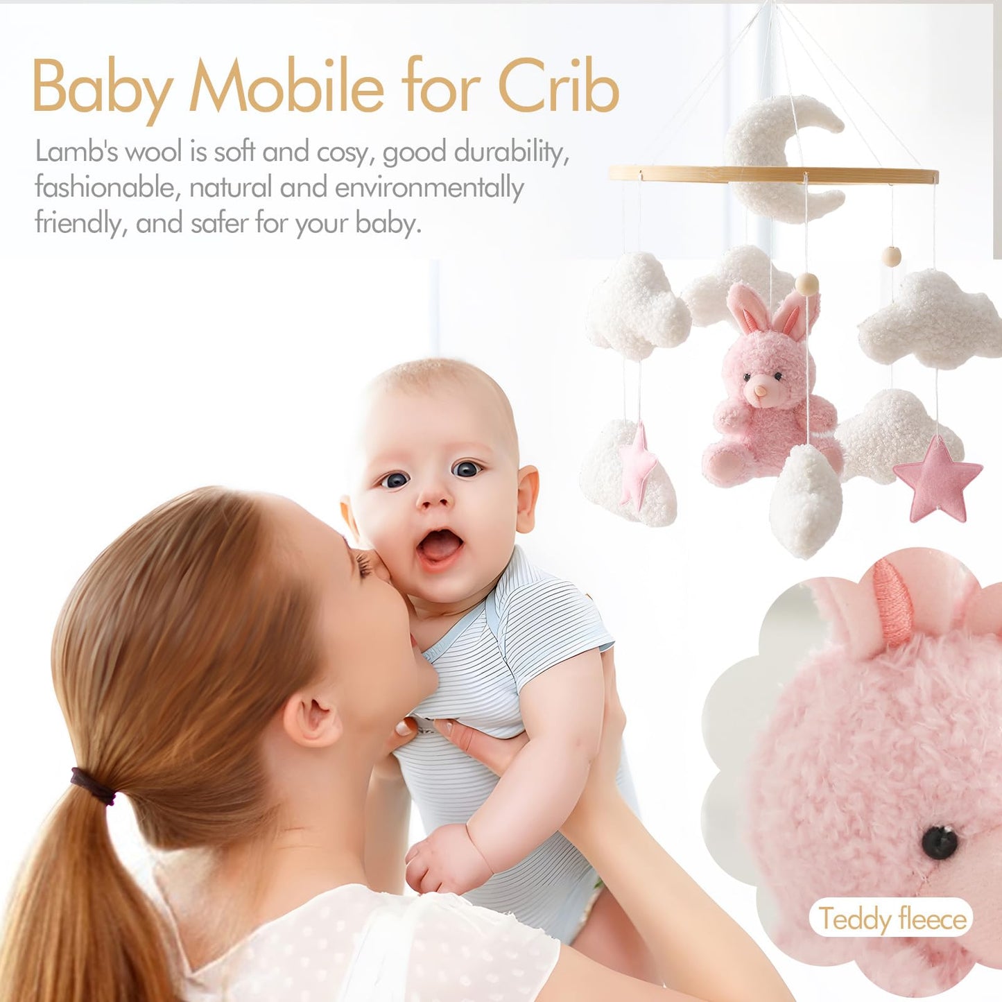 Pink Bunny Mobile for Crib, Handmade Nursery Mobile, Baby Bedroom Hanging Decoration Toy