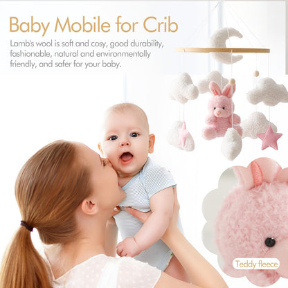 Pink Bunny Mobile for Crib, Handmade Nursery Mobile, Baby Bedroom Hanging Decoration Toy