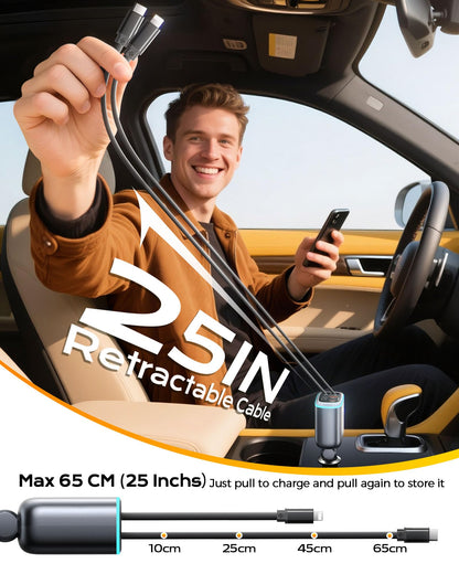 Retractable Car Charger 4 in 1 Car Phone Charger with Led Light USB C Fast Charger for Car with 2 Retractable Cables and 2 USB Ports Compatible with i Phone 17/16/15/14/13/iPad Galaxy S25/24 Android