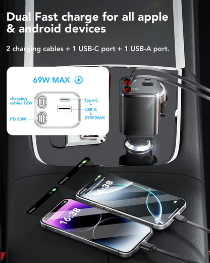 Retractable Car Charger Adapter for iPhone 17,4 in 1 Fast Charging Car Phone Charger,69W USB C Car Truck Accessories,Road Trip Essentials Gift for Men Women for iPhone 17 Pro Max 16 15 14 13 12,Galaxy