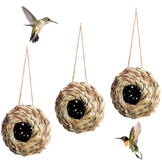 Puninoto Humming Bird Houses for Outside Hanging, Natural Grass Hanging Bird Hut, Hand Woven Hummingbird Nest, Large Wren Finch Bird House for Garden Window Outdoor Home Decoration, 3 Pack