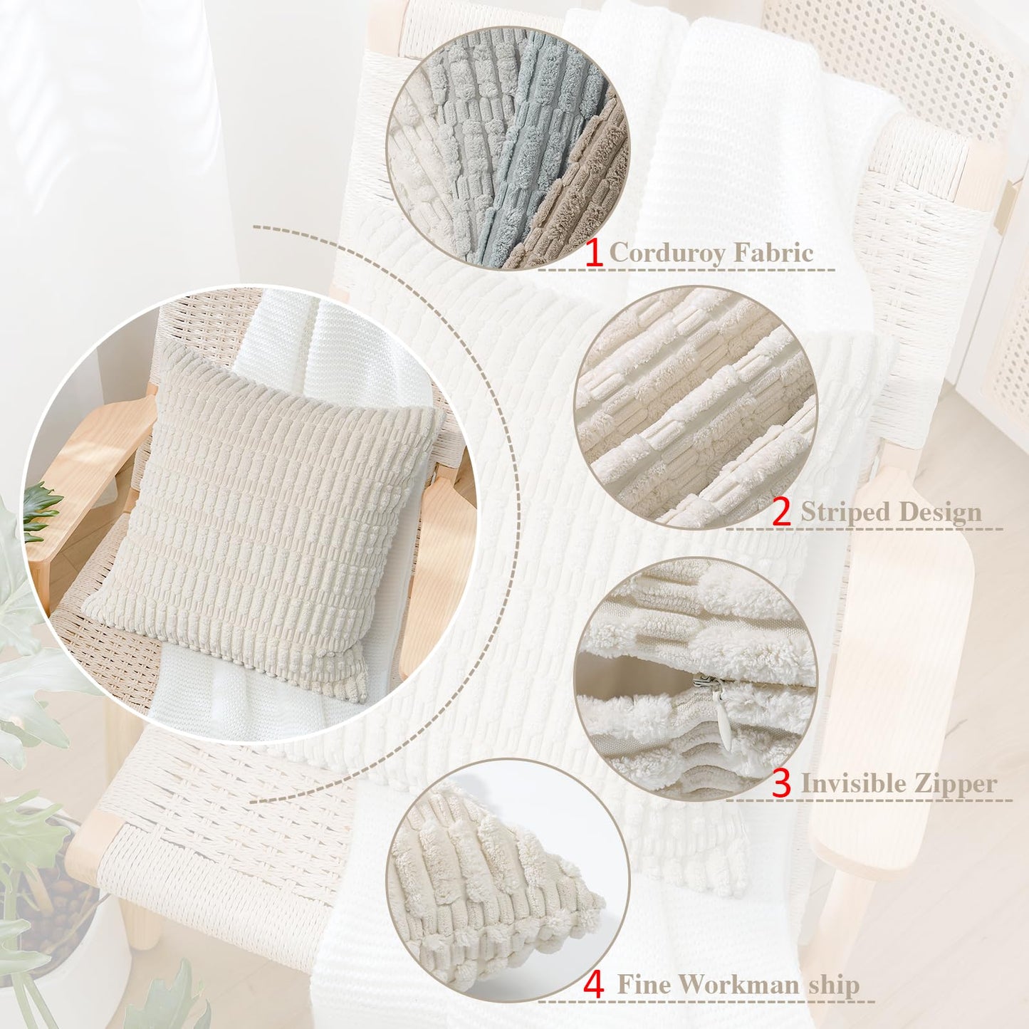 UXORSN Pack of 4 Decorative Throw Pillow Covers 18x18 Inch Soft Plush Corduroy Striped Square Pillowcases Blue Beige Coffee Gray Fluffy Cushion Cases Boho Decor for Farmhouse Living Room Bed Sofa
