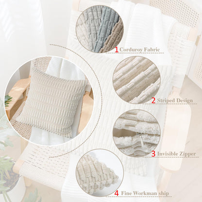 UXORSN Pack of 4 Decorative Throw Pillow Covers 18x18 Inch Soft Plush Corduroy Striped Square Pillowcases Blue Beige Coffee Gray Fluffy Cushion Cases Boho Decor for Farmhouse Living Room Bed Sofa