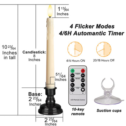 yunsheng Battery Operated LED Window Candles with Remote Timer, 8 Inches Ivory Flameless Taper Flickering Candles, Removable Black Candlesticks and Suction Cups, Holiday, Home Decor, 4 Pack