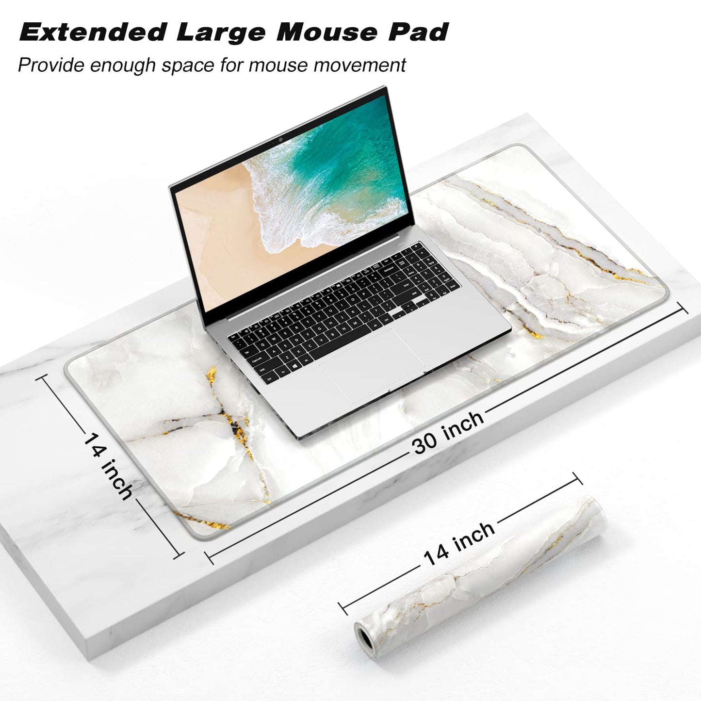 Atufsuat Extended Gaming Mouse Pad, XXL Large Desk Pad 30 x 14 Inch, Big Computer Keyboard Mousepad, Waterproof Mouse Mat with Stitched Edges and Non-Slip Base for Women Office Gaming, White Marble