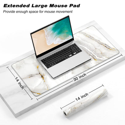 Atufsuat Extended Gaming Mouse Pad, XXL Large Desk Pad 30 x 14 Inch, Big Computer Keyboard Mousepad, Waterproof Mouse Mat with Stitched Edges and Non-Slip Base for Women Office Gaming, White Marble