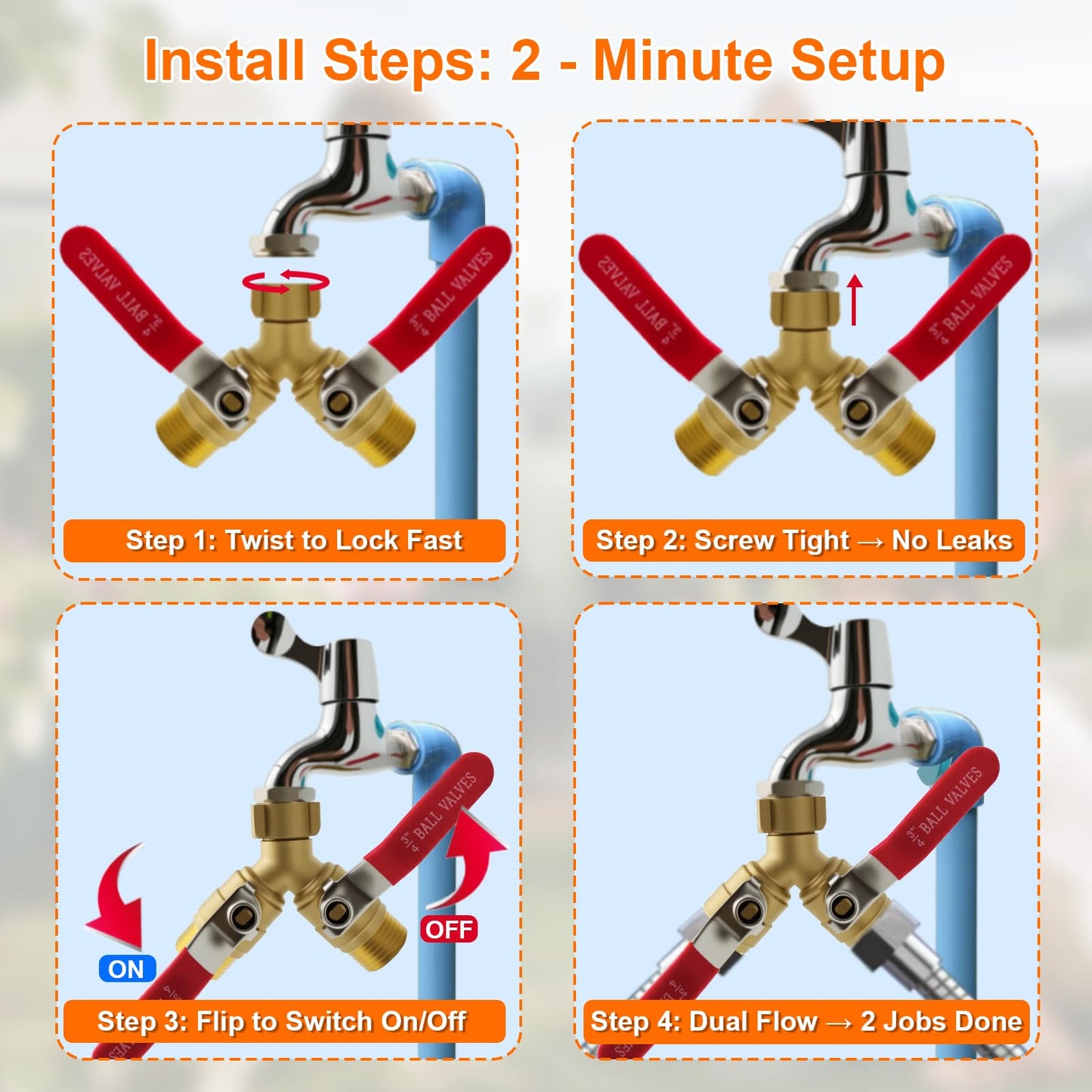 3/4" GHT 2-Way Heavy Duty Hose Splitter - Solid Brass Body & Red-Coated 304 Stainless Steel Handle for RV and Garden Use