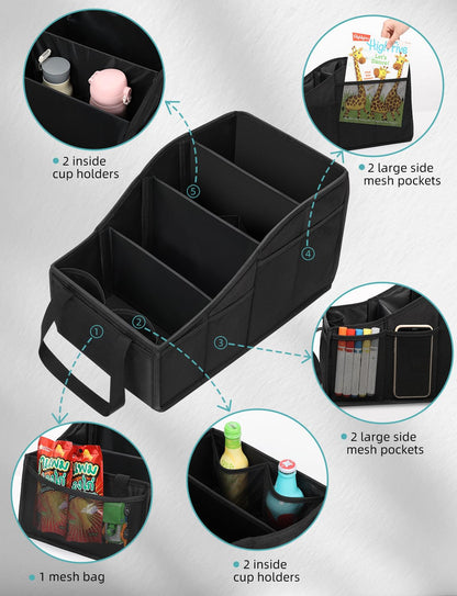 YOHOOLYO Car Seat Organizer for Front Back Seat Passenger Seat Organizer with Belt Car Organizer Between Backseat Collapsible Car Seat Storage Organizer with 4 Cup Holders Kids Adults Black