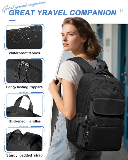 Black Backpack For Women Men,School Backpack For Teens Boys Girls,College Waterproof Laptop Backpack