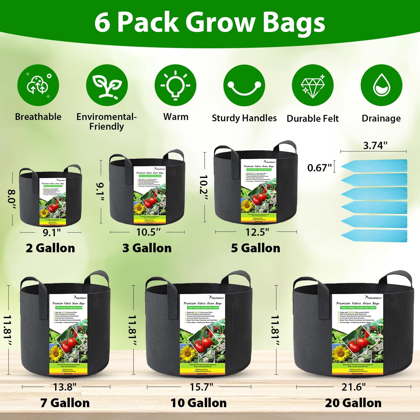 SYOURSELF 6 Pack Grow Bags 5 Gallon Fabric Pots ,Thickened Nonwoven Grow Bag with Handles ,Fabric Pots for Vegetable Flower Tomato Potato Garlic Indoor Outdoor Plants +6 Waterproof Garden Lables