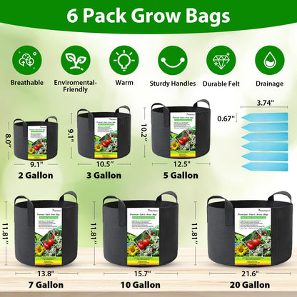 SYOURSELF 6 Pack Grow Bags 5 Gallon Fabric Pots ,Thickened Nonwoven Grow Bag with Handles ,Fabric Pots for Vegetable Flower Tomato Potato Garlic Indoor Outdoor Plants +6 Waterproof Garden Lables
