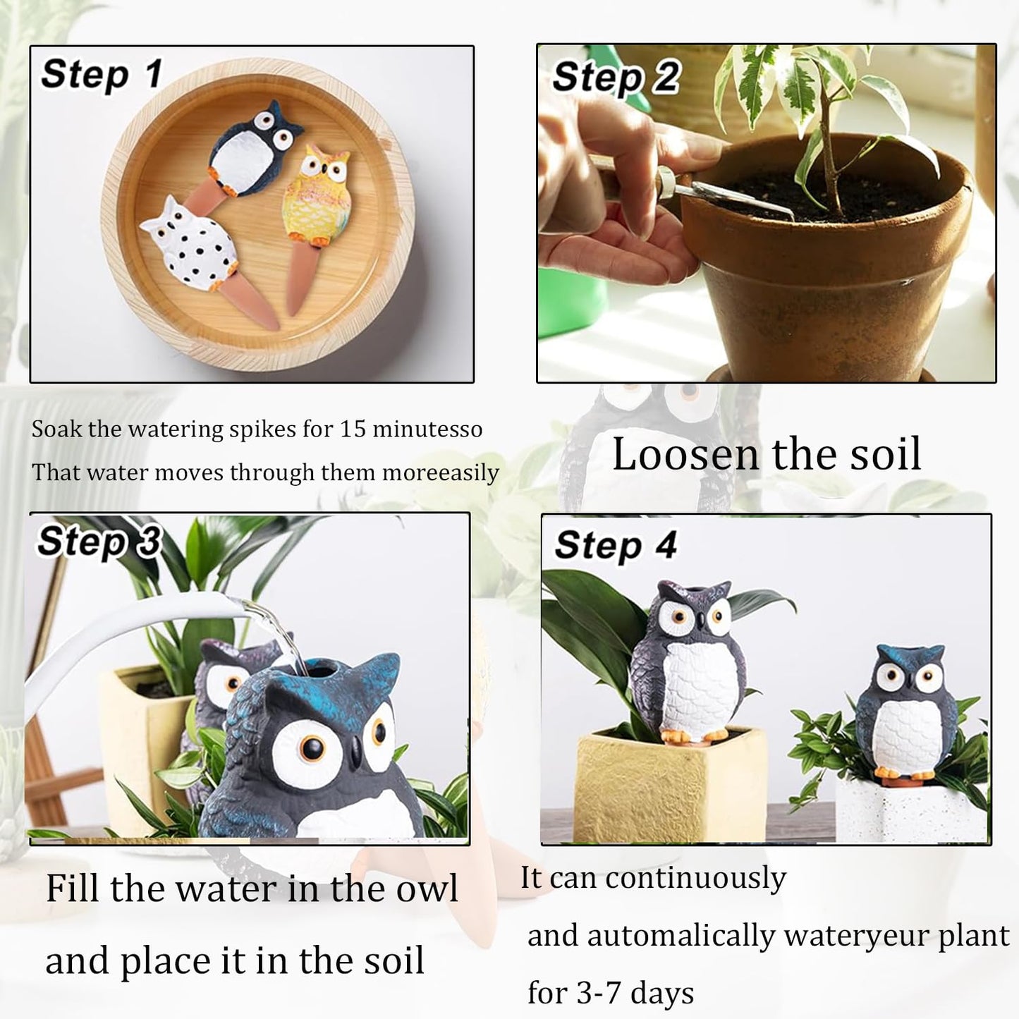Shoyisenka 4 Pcs Plant Watering Bulbs Self Watering Spikes, Terracotta Watering Spikes Plant Watering Spikes, Plant Watering Stakes, Self Watering Globes for Indoor Outdoor Plants (Owl)