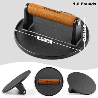 CUSIMAX Smashed Burger Press Cast Iron, 6.3" Heavy-Duty Burger Smasher with Wood Grip, Round Flat Grill Press for Smash Burgers, Meats, Bacon, Burger Smasher Tool for Grill&Griddle Accessories