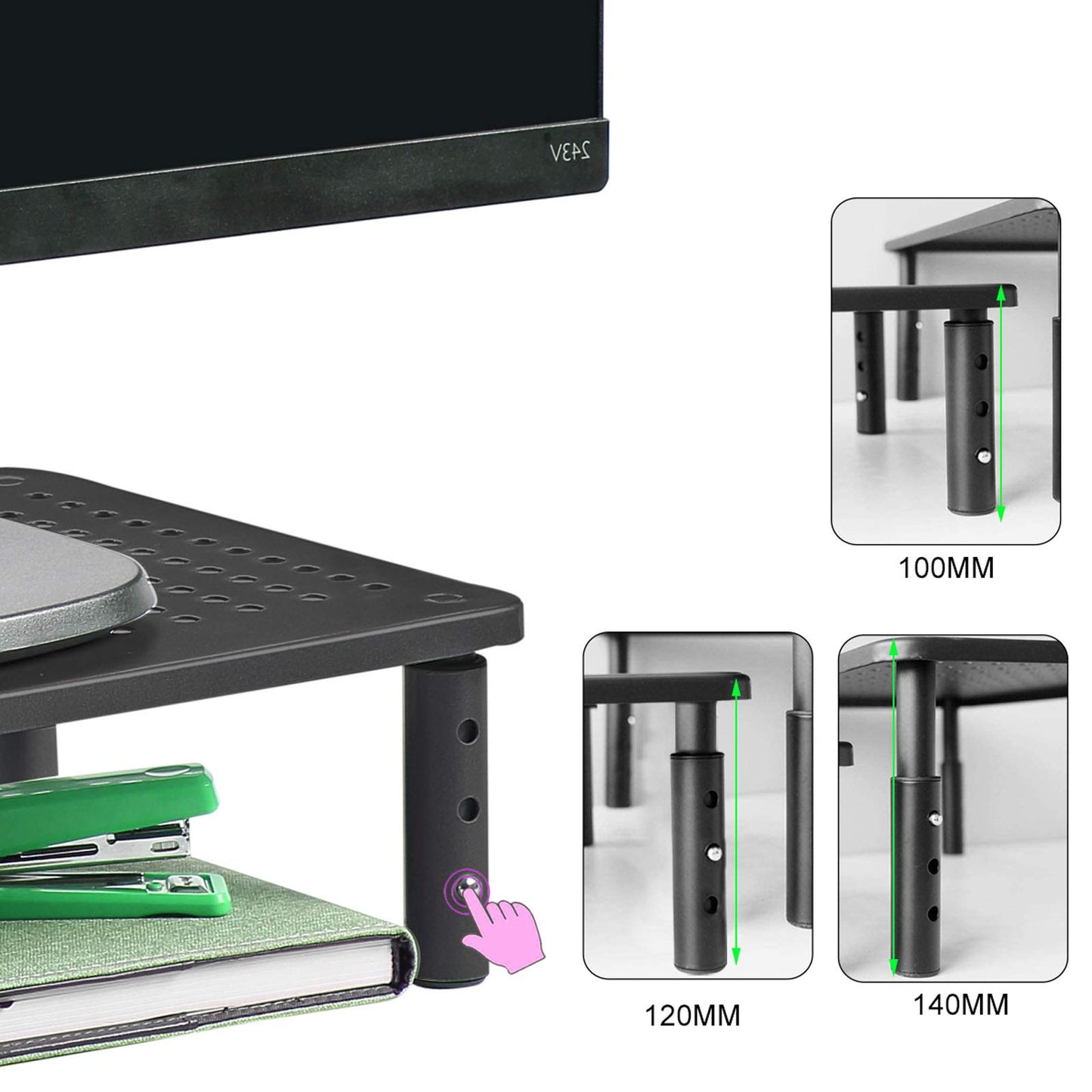 Bracwiser Monitor Stand Riser,3 Level Height Adjustable Desktop monitor stand for Computer, Laptop, Printer, Notebook with Vented Metal Platform 370X235MM 2 Packs,Black