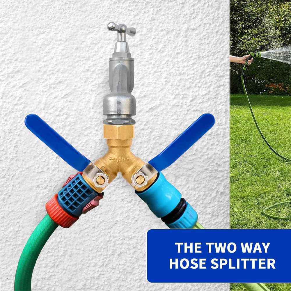 304 Stainless Steel Garden Hose Splitter 2 Way Heavy Duty,Full Flow Hose Y Splitter with Long Handle, 3/4" GHT Thread Y Valve Water Garden Hose Tap Adapter