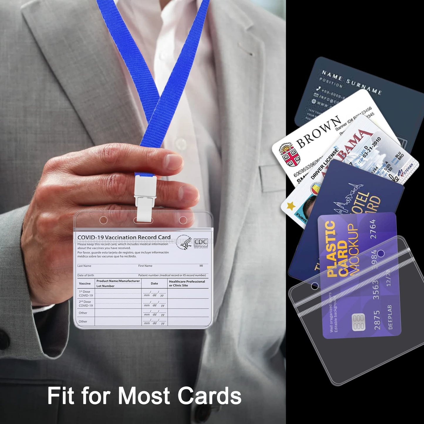 FZENeast Badge Holder with Lanyard，50 PCS Clear Waterproof Horizontal id Holder with 50 PCS Flat Neck Blue Badge Lanyards for Business Office School