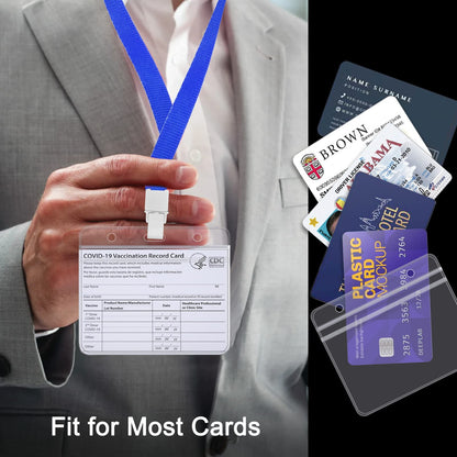 FZENeast Badge Holder with Lanyard，50 PCS Clear Waterproof Horizontal id Holder with 50 PCS Flat Neck Blue Badge Lanyards for Business Office School