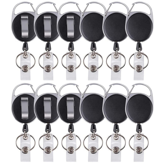 12 Packs Heave Duty Retractable Badge Reels with Carabiner Belt Clip and Key Ring, Badge Holders for ID Card Holders with 26.5 Inch Pull Cord (Black)
