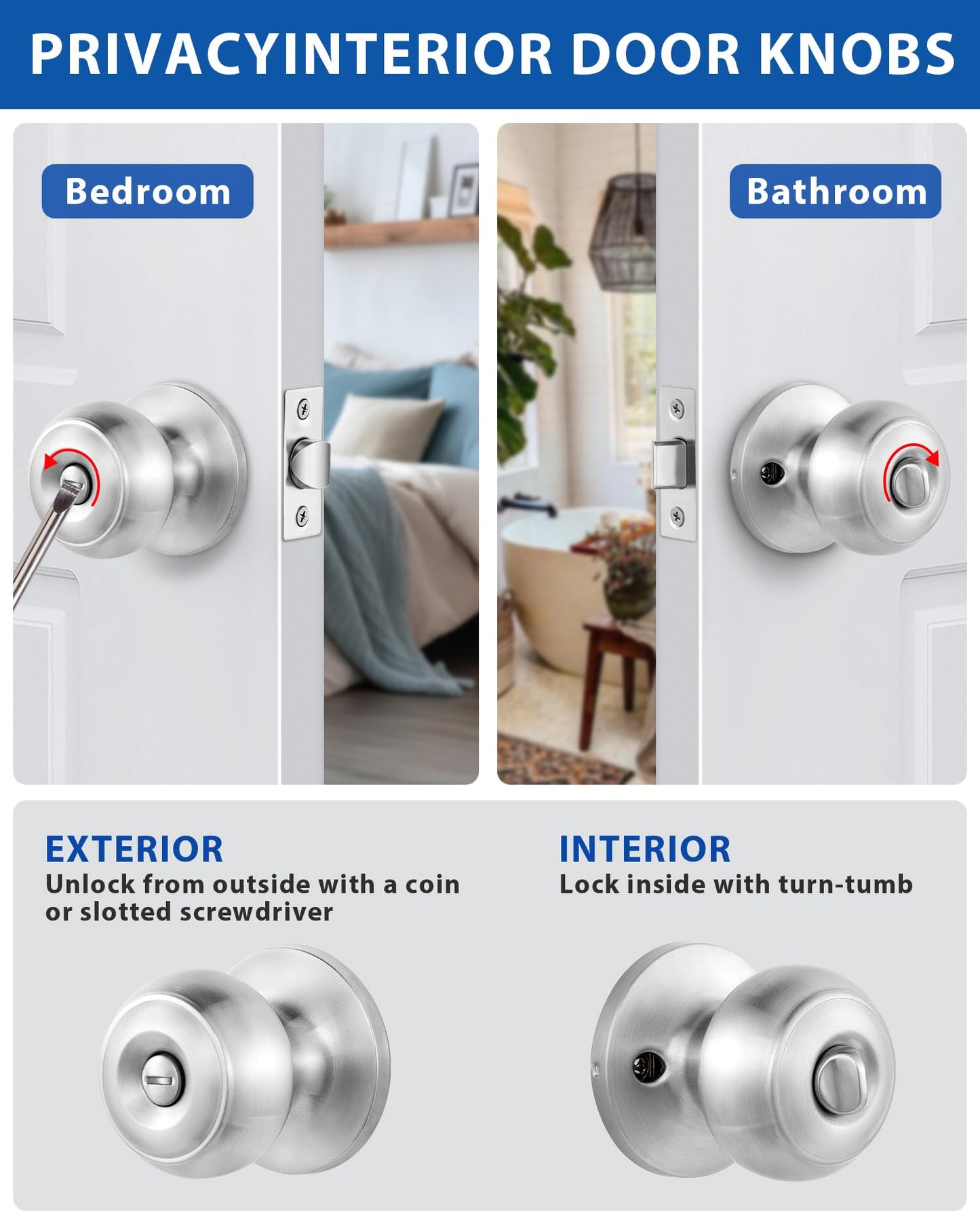 2 Pack Interior Door Knobs for Bedroom or Bathroom Keyless, Satin Stainless Steel Privacy Door Locks, Flat Ball Bath/Bed Door Locks by Lanwandeng