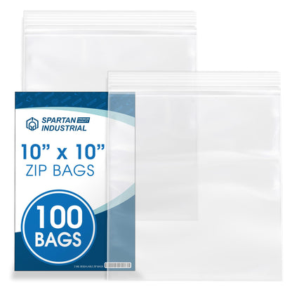 Spartan Industrial - 10” X 10” (100 Count) 2 Mil Clear Reclosable Zip Plastic Poly Bags with Resealable Lock Seal Zipper