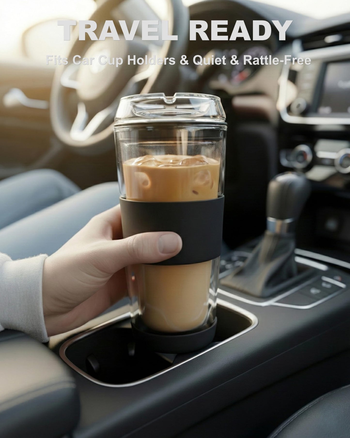 400ml Glass Travel Mug with Full Glass Lid - Double Wall Insulated Coffee Cup - Non-Slip Silicone Sleeve for Car, Commute - Reusable Tea Tumbler (Plastic-Free)